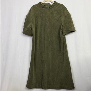 Prologue Olive Green Corduroy Short Sleeve High Collar Midi Shift Dress